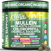 Clean Nutra mullein leaf bottle front showing daily lung support in a plant based format