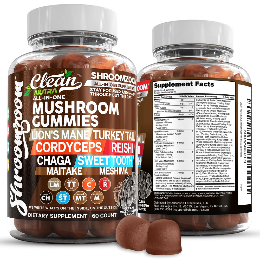 Clean Nutraceuticals 15in1 Mushroom Gummies bottle label close-up showing potential immune support