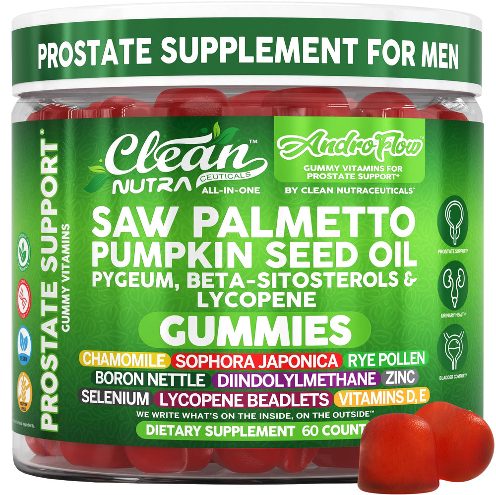 AndroFlow bottle front by Clean Nutraceuticals highlighting daily prostate health gummies