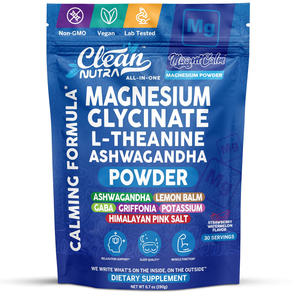Clean Nutraceuticals magnesium glycinate powder bottle promotes daily calm and focus