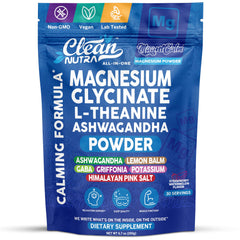 Clean Nutraceuticals magnesium glycinate powder bottle promotes daily calm and focus