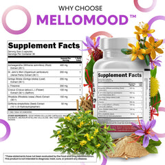 Clean Nutraceuticals Mellomood label closeup, emphasizing saffron blend and adaptogens for resilience