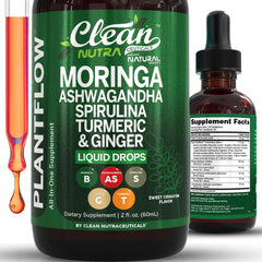 Clean Nutraceuticals Moringa Drops with Ashwagandha bottle highlighting daily vitality