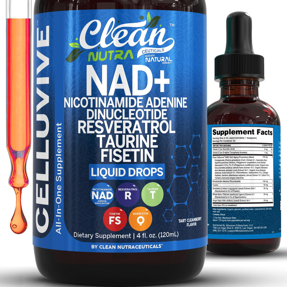 Clean Nutraceuticals NAD Liquid Drops bottle shows premium formulation for daily vitality
