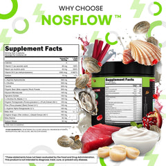 NosFlow pomegranate and grape seed ingredients suggest antioxidant-rich formulation.