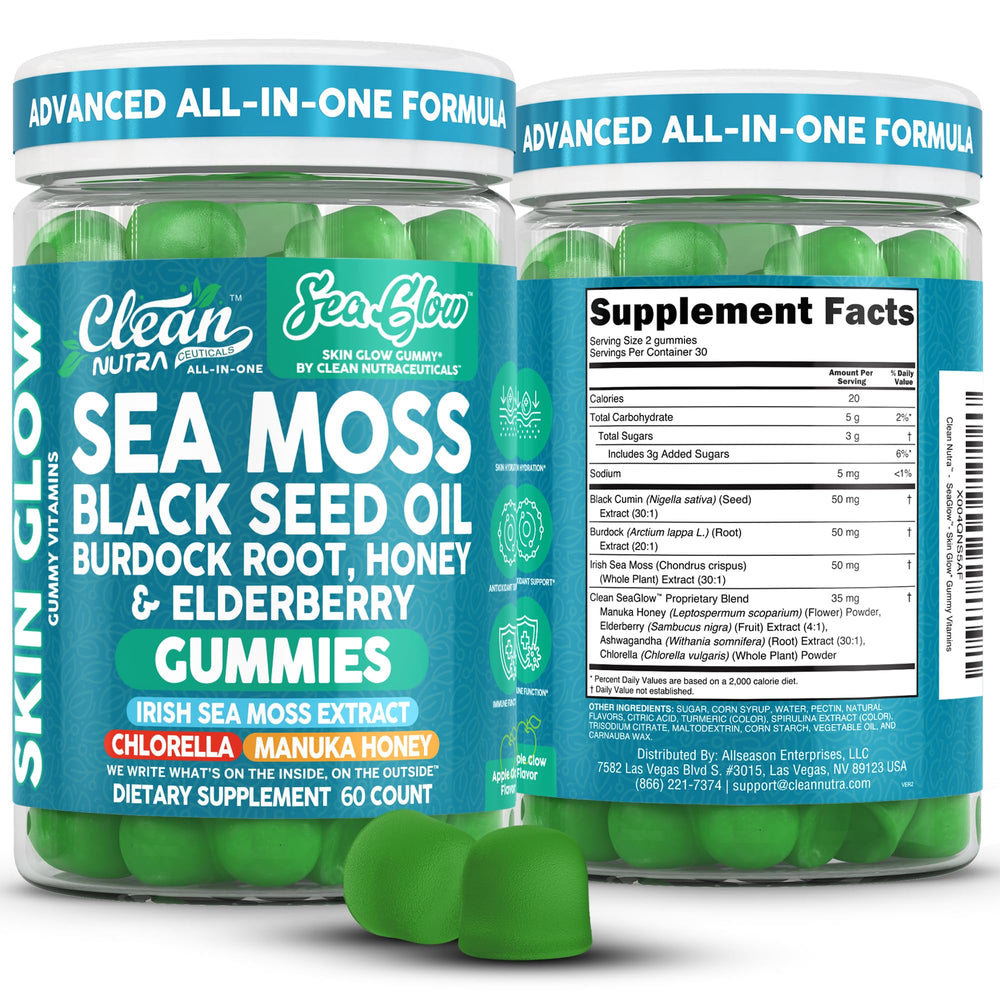 Clean Nutraceuticals Sea Glow Gummies bottle closeup for convenient daily wellness.