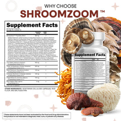 ShroomZoom bottle label close-up highlights multi-mushroom formula.