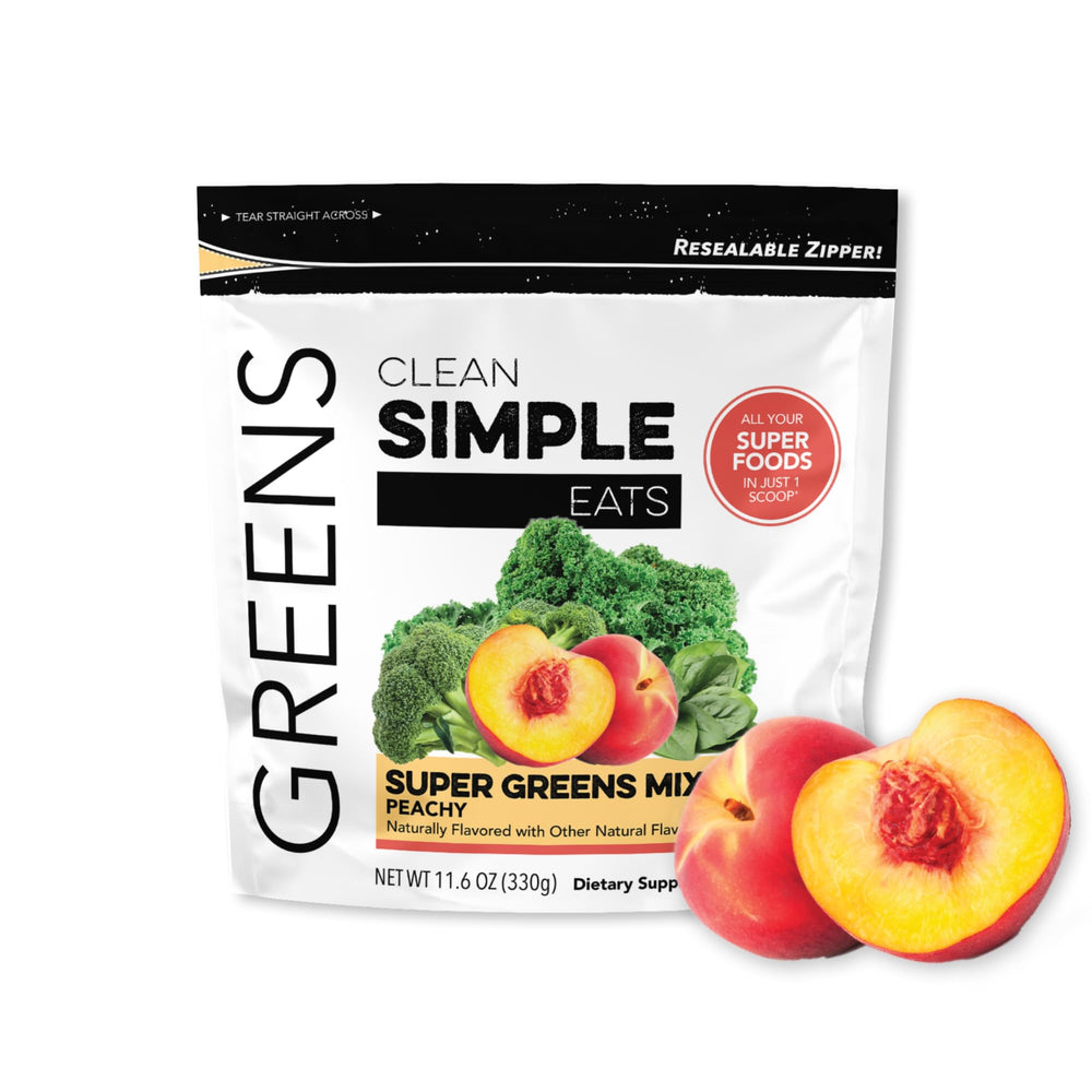 Clean Simple Eats Peachy Greens bottle showing convenient daily greens support