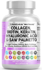 Clean Nutraceuticals collagen pills bottle offering a 16-in-1 hair, skin, nails blend.
