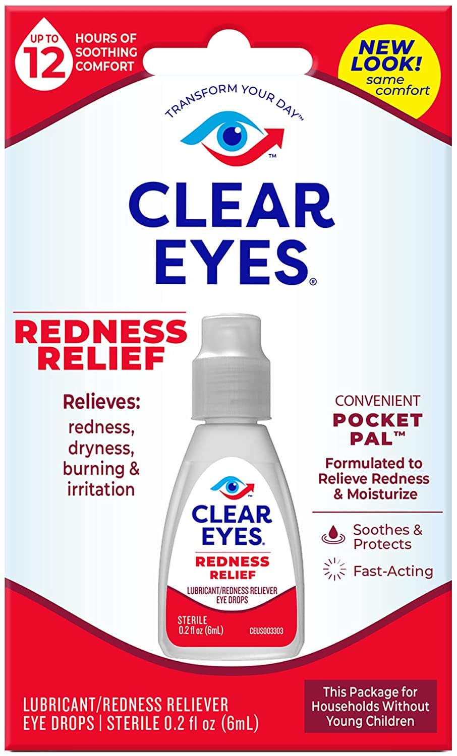 Clear Eyes 12hr relief eye drops bottle closeup for on-the-go use