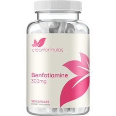 Clear Formulas benfotiamine 300mg bottle on a clean surface, highlighting high absorption potential.
