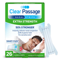 Clear Passage Nasal Strips en empaque, facilita dormir mejor al despejar nasales