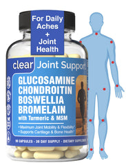 Clear Probiotics bottle showing glucosamine chondroitin msm turmeric boswellia for active joints.