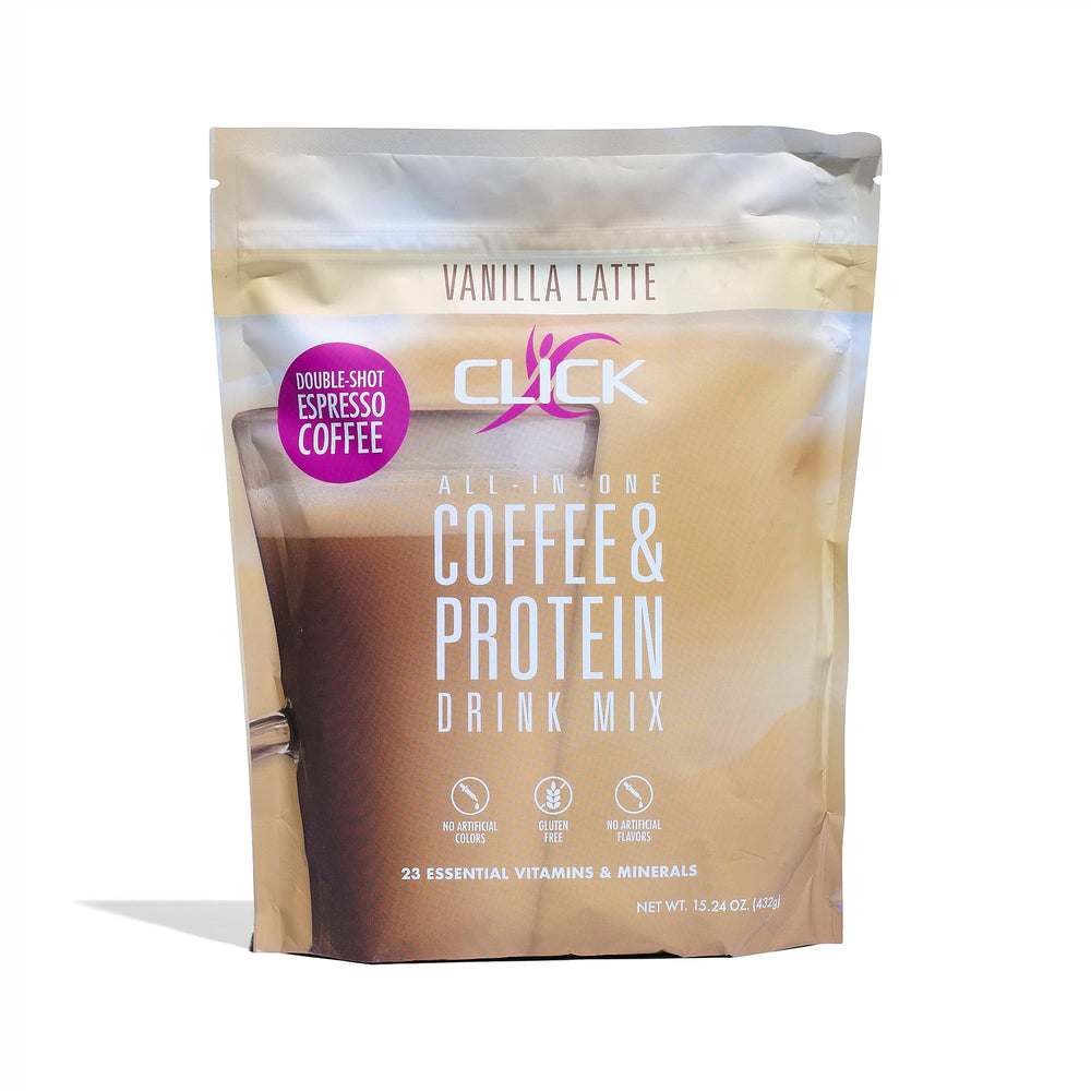 Click Coffee Protein Powder bottle showcased for a convenient protein boost
