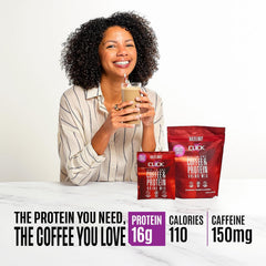 Iced CLICK Coffee Protein drink with straw shows refreshing energy from 150mg caffeine.