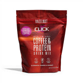 Click Coffee Protein Powder pouch front highlights hazelnut flavor for a tasty morning boost.