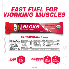 Closeup of CLIF BLOKS Strawberry flavor chews cubes showing soft texture.