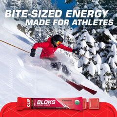 Bite-size CLIF BLOKS Strawberry flavor cubes delivering 24g carbs per serving.