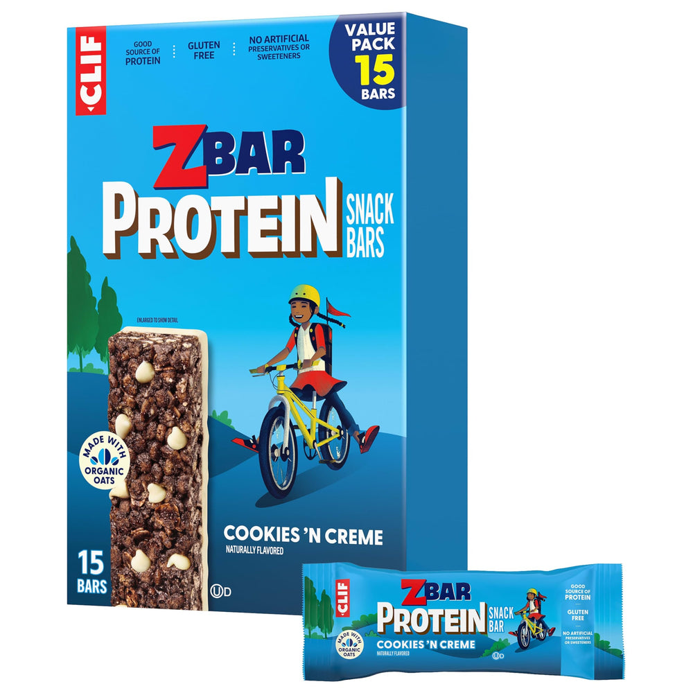 Clif Kid Zbar Protein Cookies 'N Creme packaging highlights gluten-free, non-GMO snack.