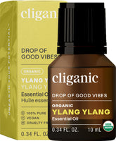 Cliganic Aceite Orgánico de Ylang Ylang, frasco compacto con aroma puro para aromaterapia.
