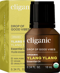 Cliganic Aceite Orgánico de Ylang Ylang, frasco compacto con aroma puro para aromaterapia.