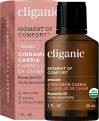 Cliganic cinnamon cassia essential oil bottle for pure aroma in a diffuser.