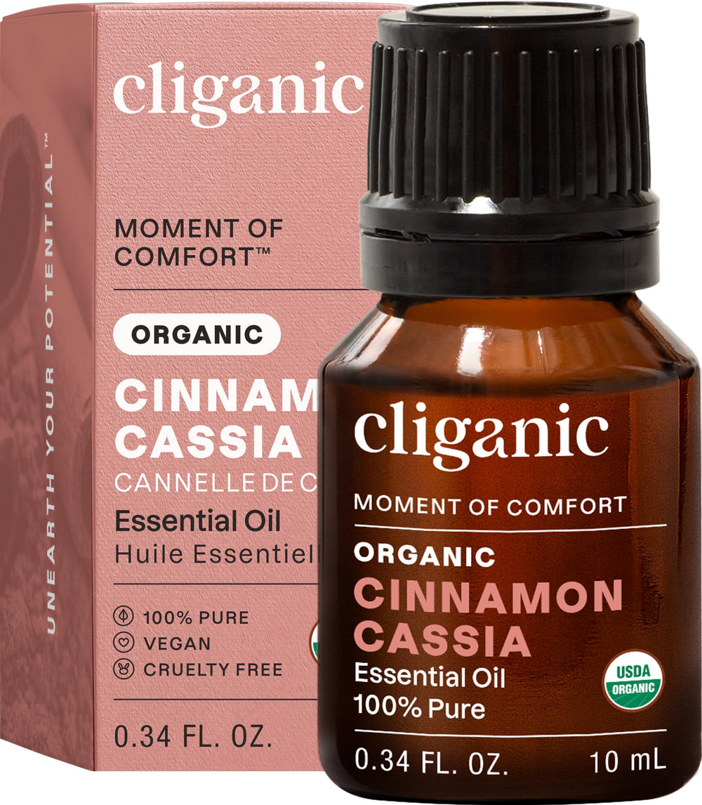 Cliganic Cinnamon Cassia oil bottle for aromatherapy and mood support.