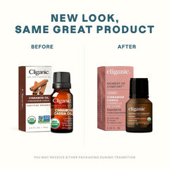 Cliganic Cinnamon Cassia oil used with a diffuser for relaxing ambiance.