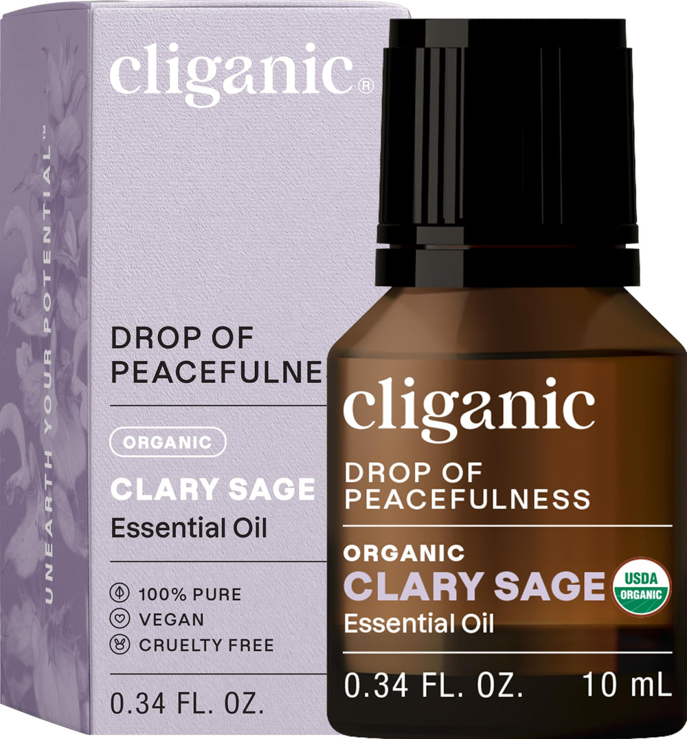 Cliganic Clary Sage Oil bottle—pure aroma ideal for diffusing and relaxing spaces.