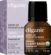 Cliganic Clary Sage Oil bottle—pure aroma ideal for diffusing and relaxing spaces.