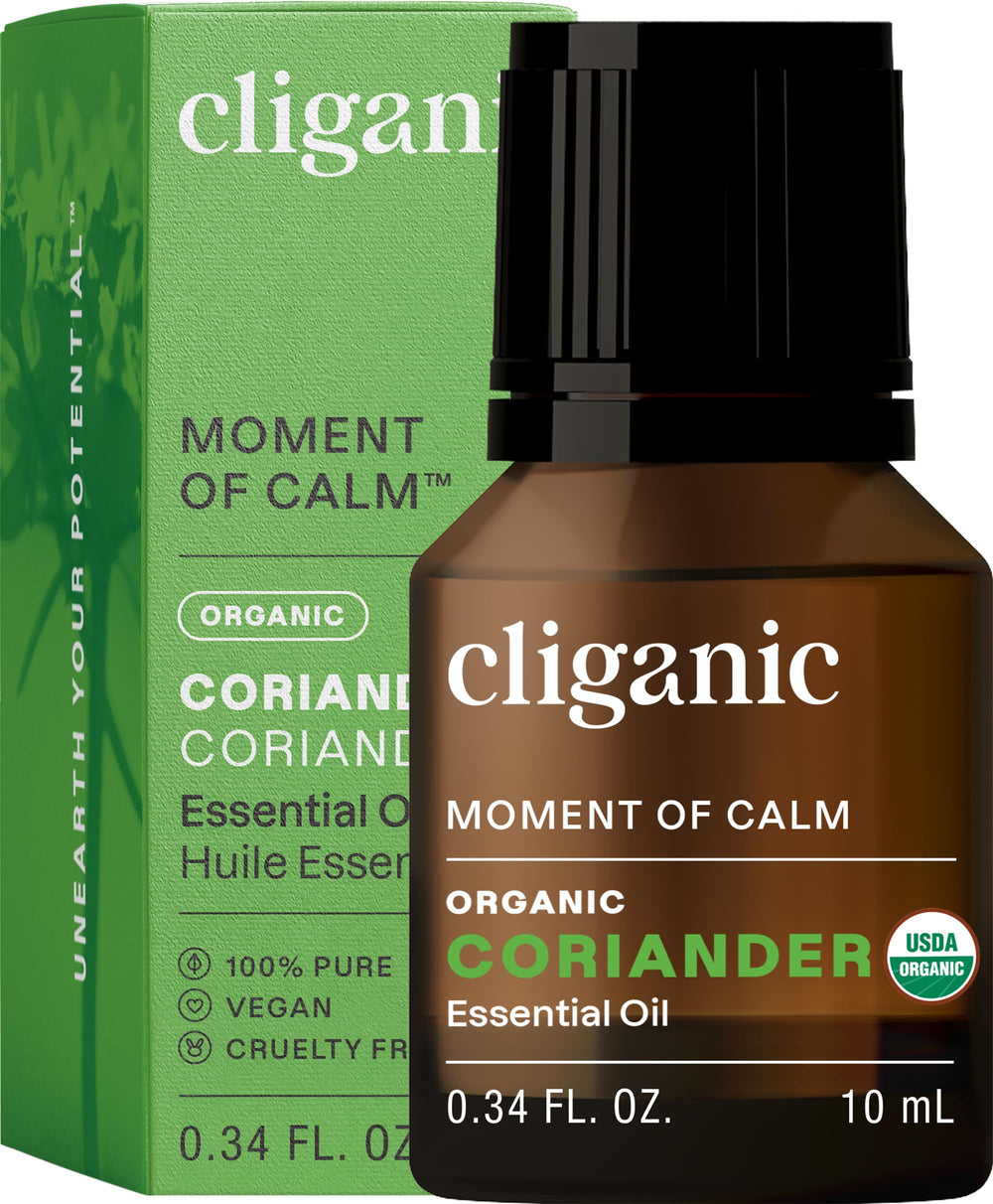 Cliganic coriander seed oil bottle for pure aromatherapy sessions.