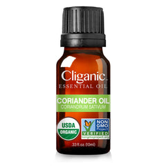 Cliganic coriander seed oil label showing organic and non-GMO verification.