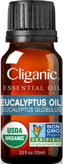 Diffuser-ready Cliganic eucalyptus oil in a clear bottle ready to scent rooms.