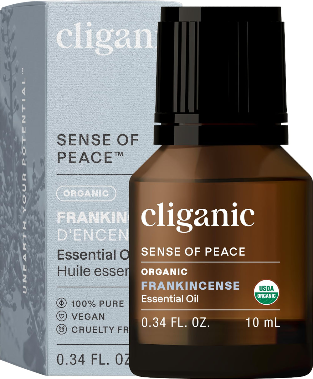 Cliganic Frankincense essential oil bottle for aromatherapy use