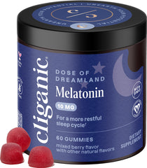 Cliganic Melatonin Gummies bottle front shows berry flavor for restful nights.