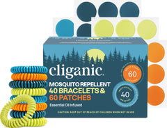 Cliganic mosquito bracelet set packaging showing 40 bands and 60 patches for outdoor use.