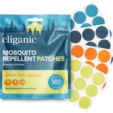 Cliganic mosquito stickers packaging highlights a 360-pack for family outdoor protection.