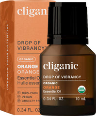 Cliganic Organic Sweet Orange Essential Oil bottle closeup for diffuser-ready aroma.