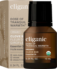 Cliganic Organic Clove Bud oil bottle for diffusion and aroma in any room.