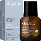 Cliganic Organic Frankincense essential oil bottle with warm earthy aroma