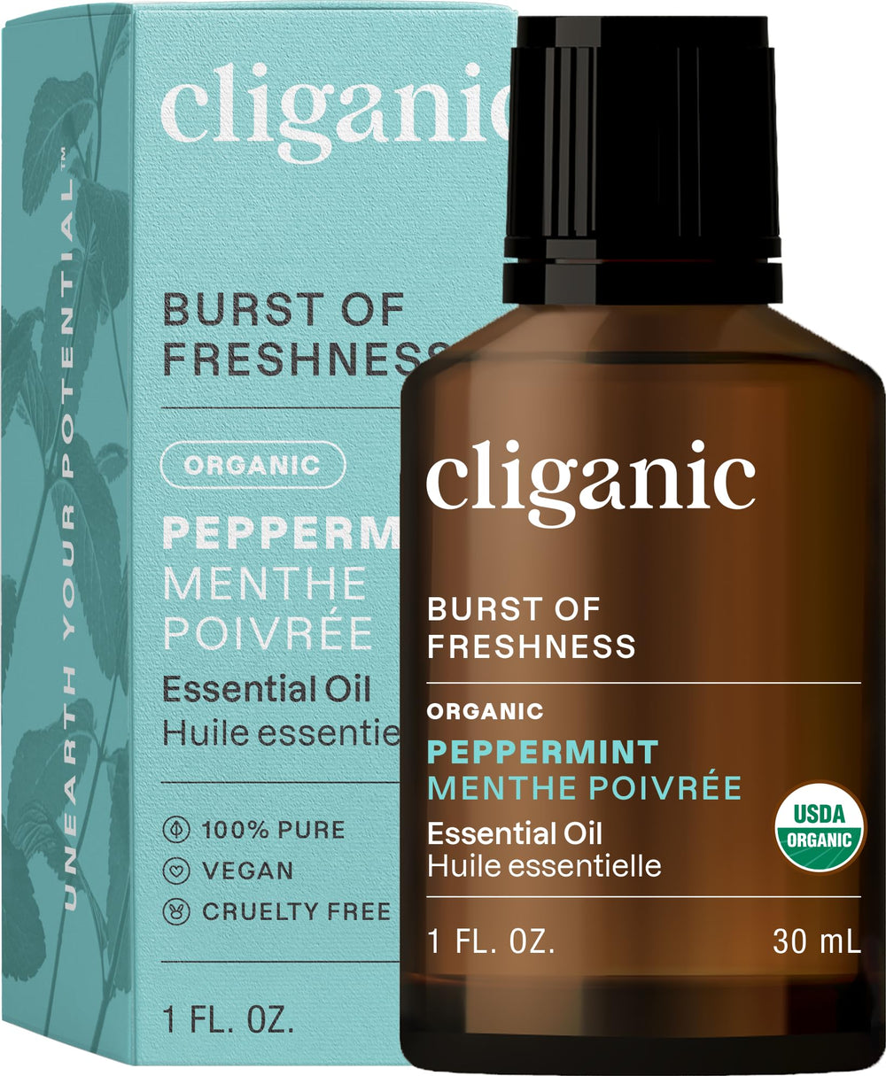 Cliganic Organic Peppermint Oil 1oz bottle front view for a refreshing aroma.