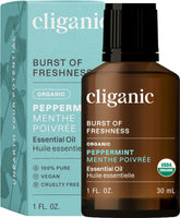 Cliganic Organic Peppermint Oil 1oz bottle front view for a refreshing aroma.