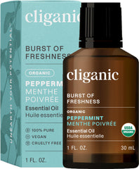 Cliganic Organic Peppermint Oil 1oz bottle front view for a refreshing aroma.