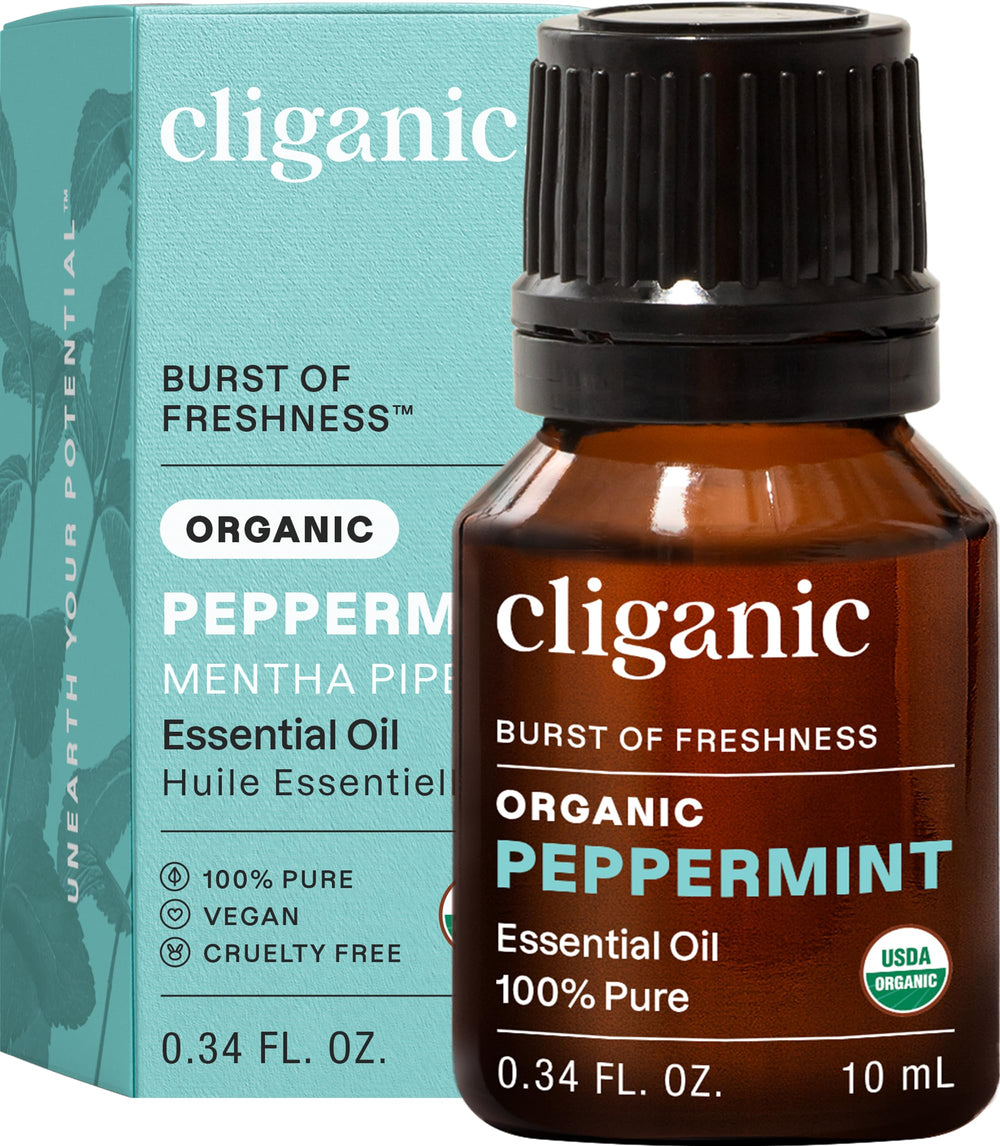 Cliganic Organic Peppermint Oil bottle showing pure aroma for aromatherapy