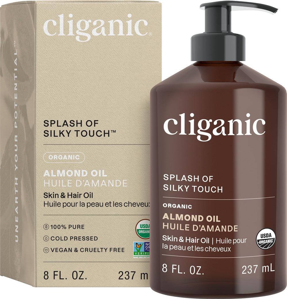 Cliganic Organic Sweet Almond Oil bottle shows a pure, versatile carrier for skin and hair.