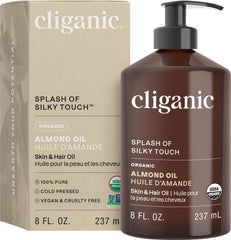 Cliganic Organic Sweet Almond Oil bottle shows a pure, versatile carrier for skin and hair.