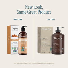 Cliganic Organic Sweet Almond Oil label emphasizes authenticity and organic quality for daily use.
