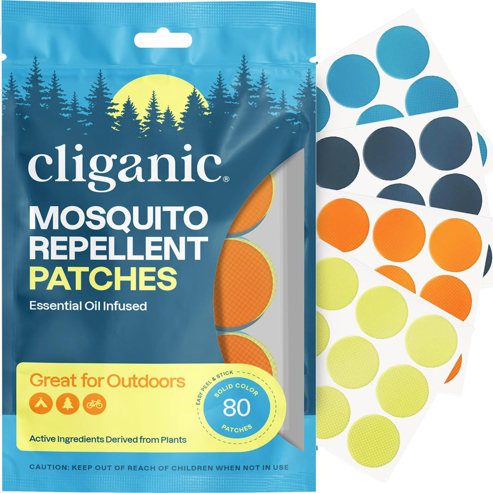 Cliganic parches antimosquitos: empaque frontal para uso al aire libre.