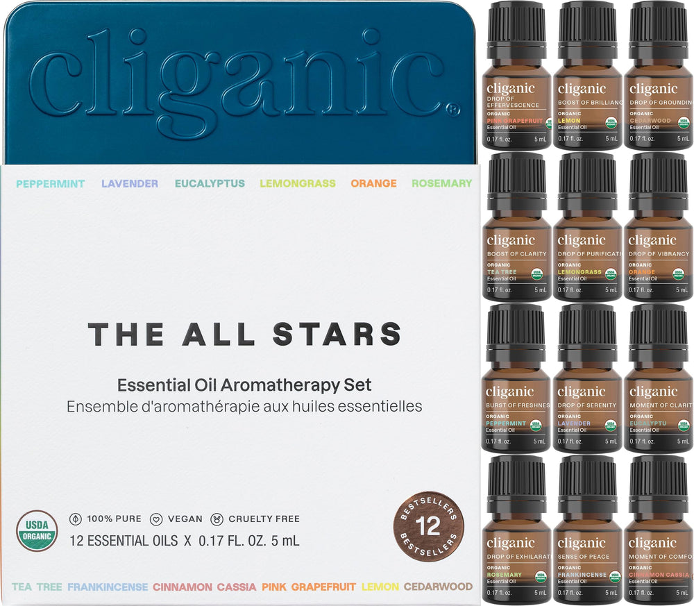 Cliganic peppermint essential oil bottle for refreshing aromatherapy and minty moods.