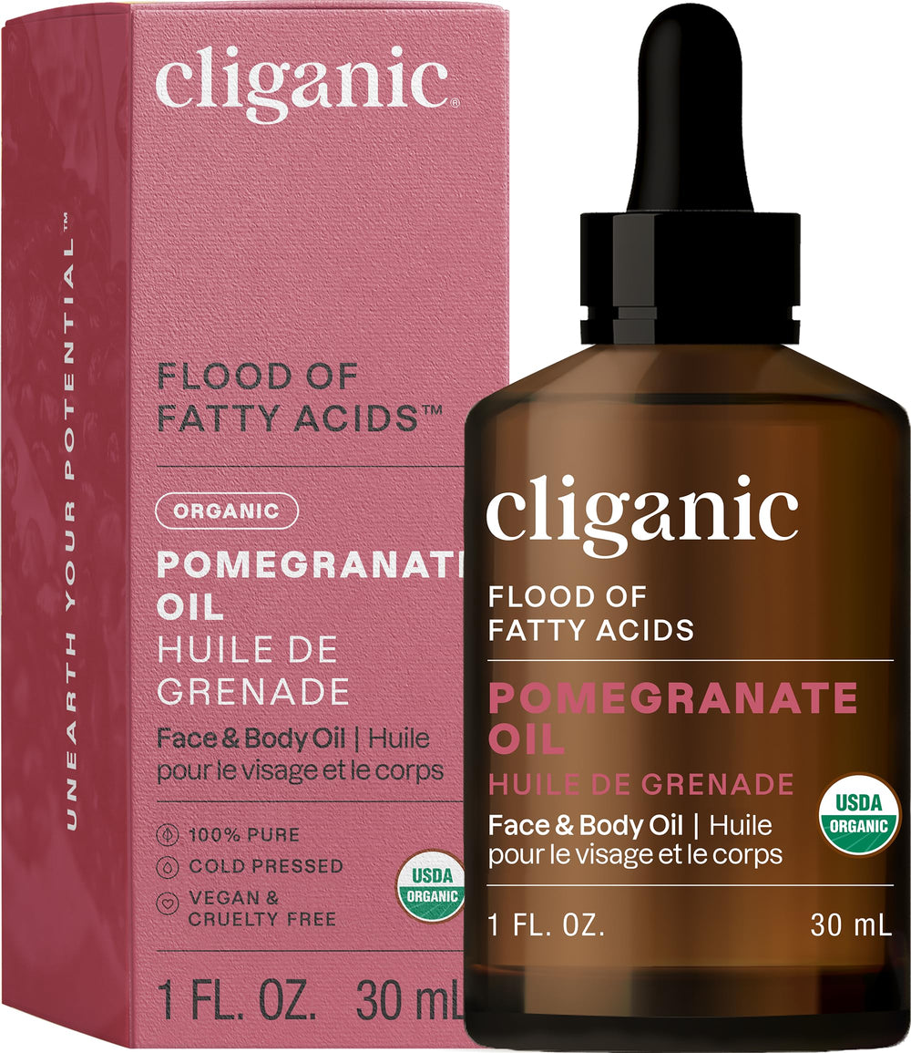 Cliganic Organic Pomegranate Oil bottle pour demonstrates quick-absorbing hydration for face